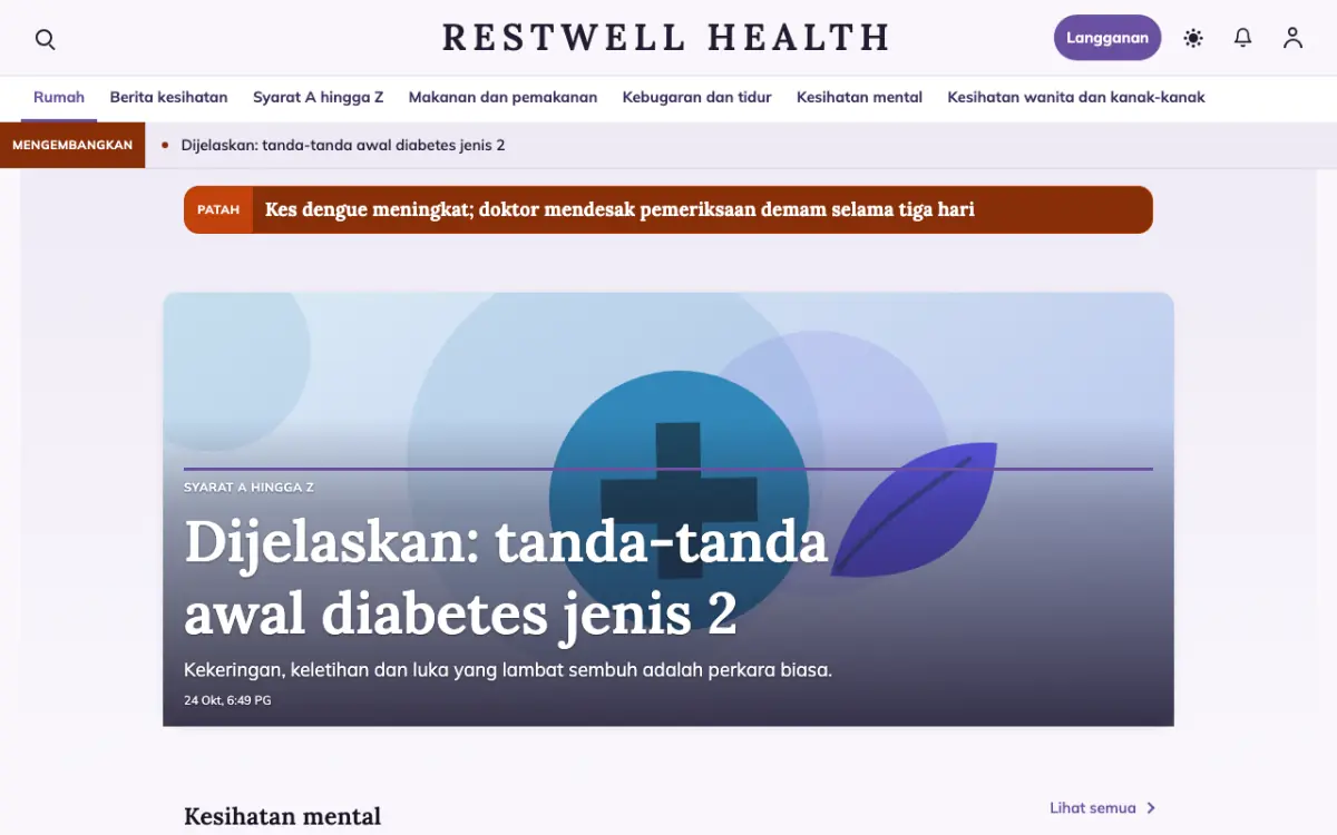 Restwell — templat laman web Berita Kesihatan, paparan desktop