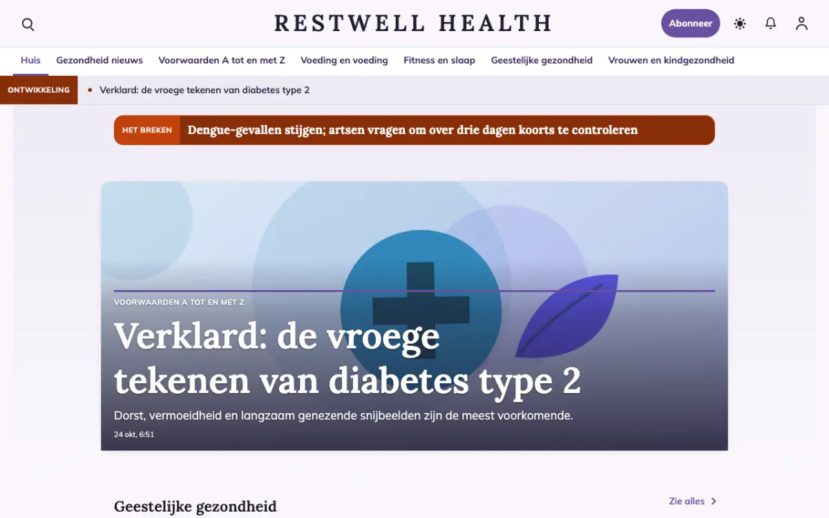 Restwell – websitetemplate voor Gezondheidnieuws, desktopweergave