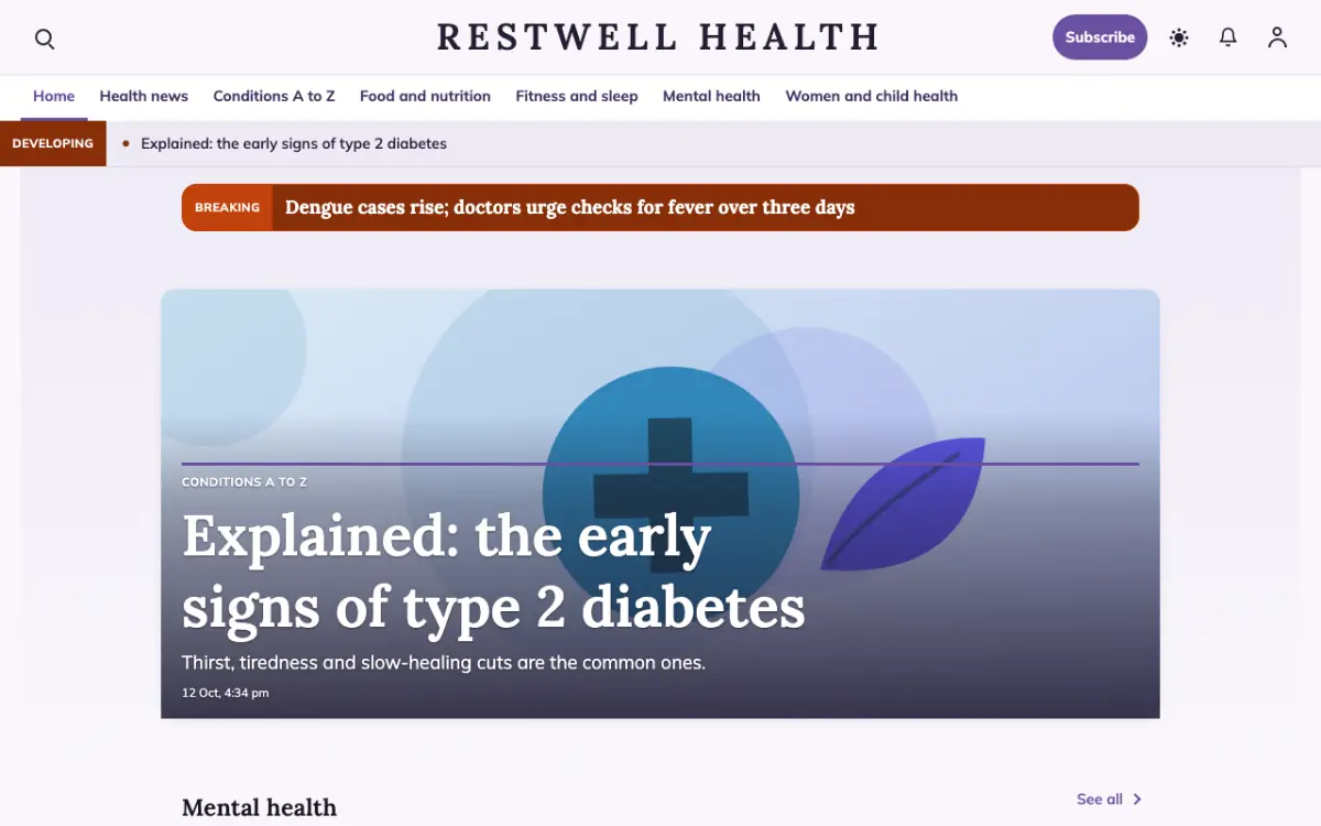 Restwell — Health News website template, desktop view