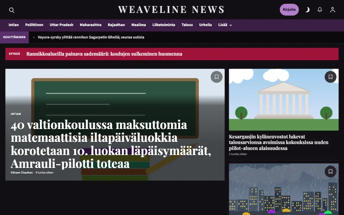 Weaveline – verkkosivumalli (Yleiset News), työpöytänäkymä
