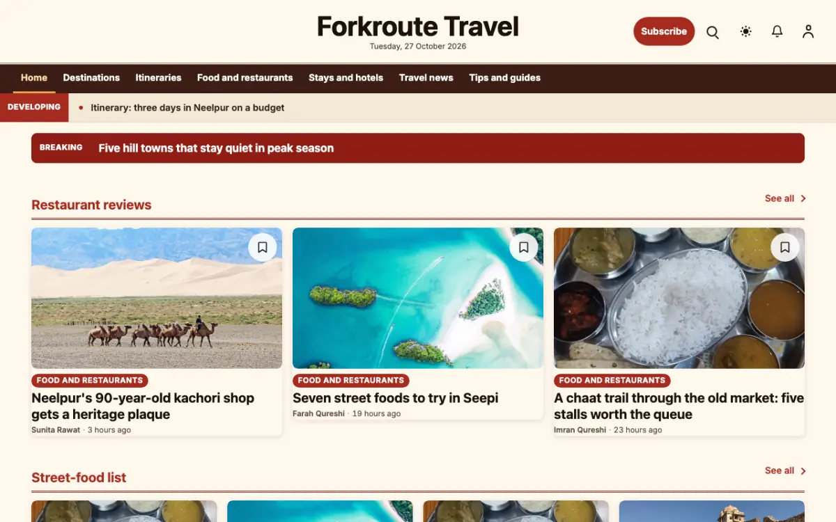 Forkroute — Travel News website template, desktop view