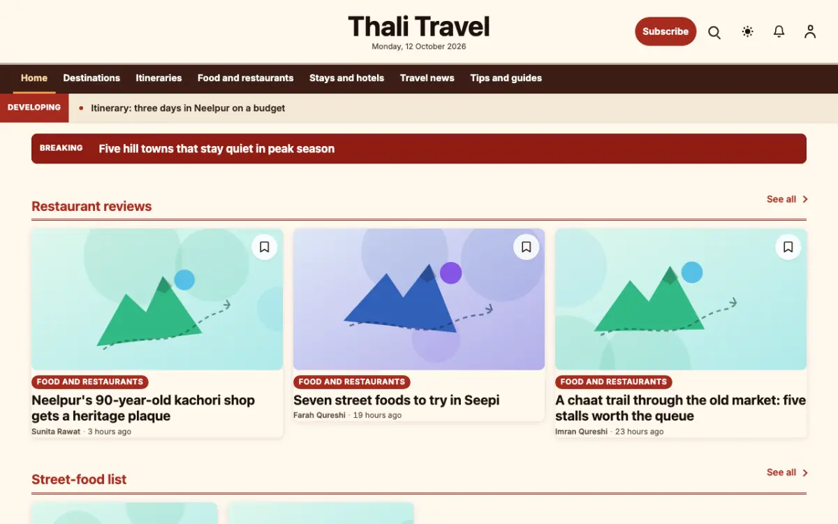 Forkroute — Travel News website template, desktop view