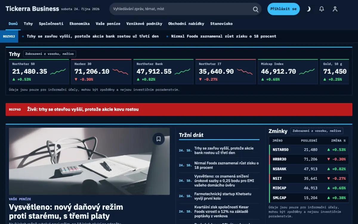 Tickerra — šablona webu v kategorii Byznys: zprávy, zobrazení na počítači