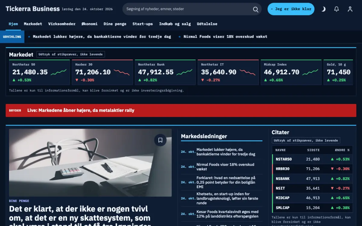 Tickerra – hjemmesideskabelon til Erhverv News, skrivebordsvisning
