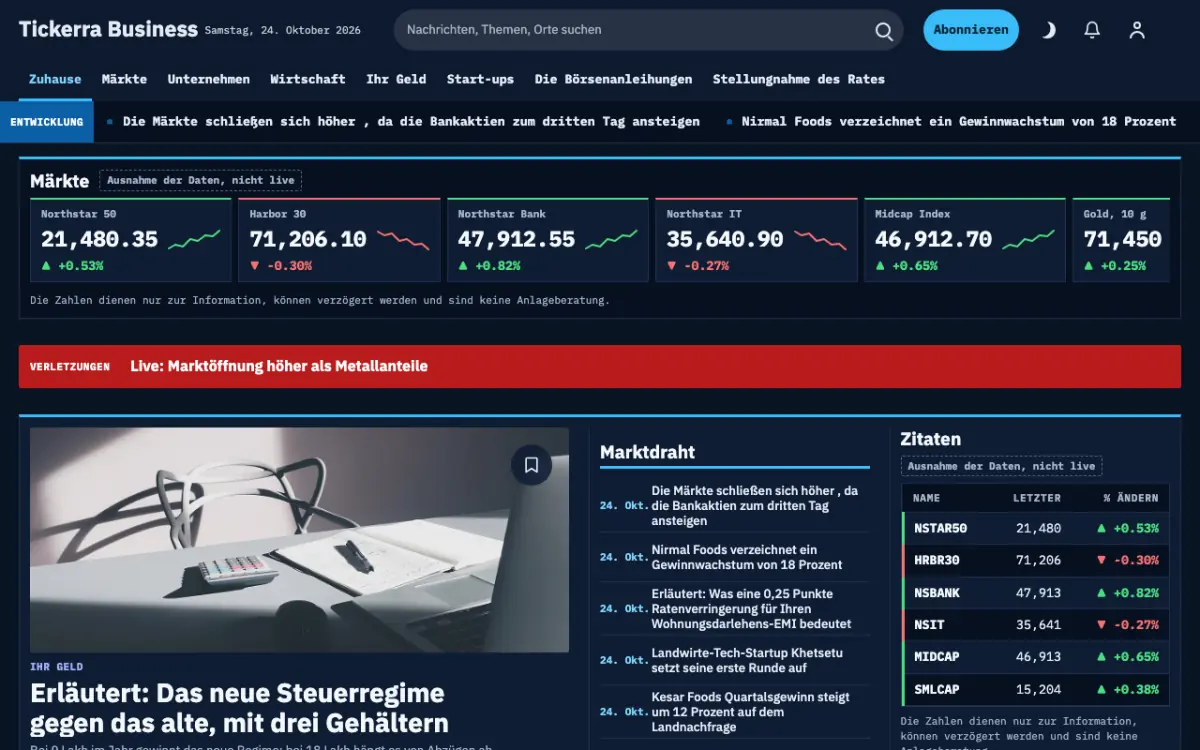 Tickerra – Website-Vorlage für Wirtschaft-News, Desktop-Ansicht
