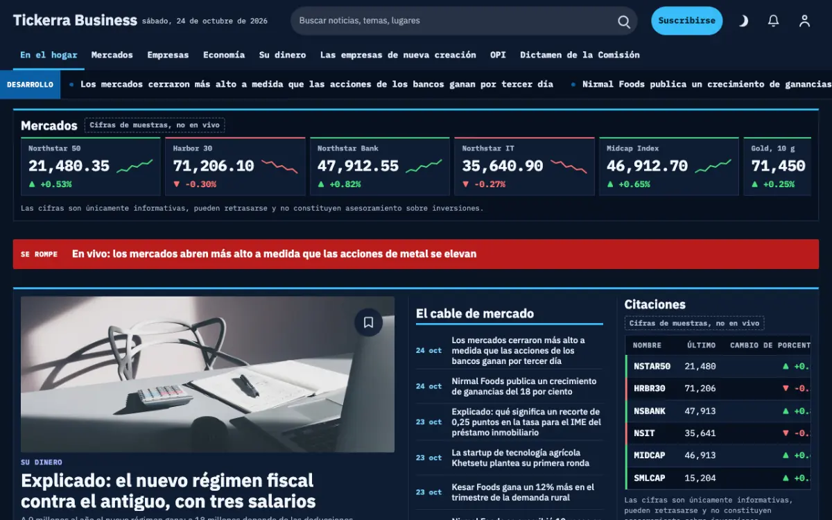 Tickerra — plantilla de sitio web de Noticias de Negocios, vista de escritorio