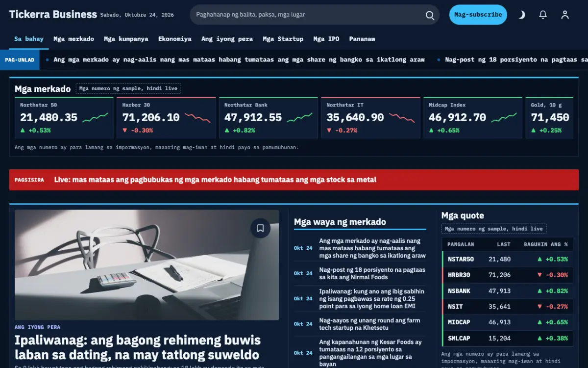 Tickerra — template ng website na Balitang Negosyo, tanaw sa desktop