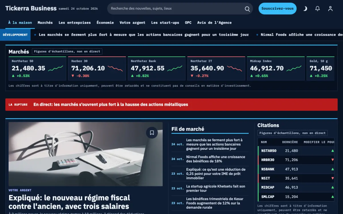 Tickerra — modèle de site web Actualités Économie, vue sur ordinateur