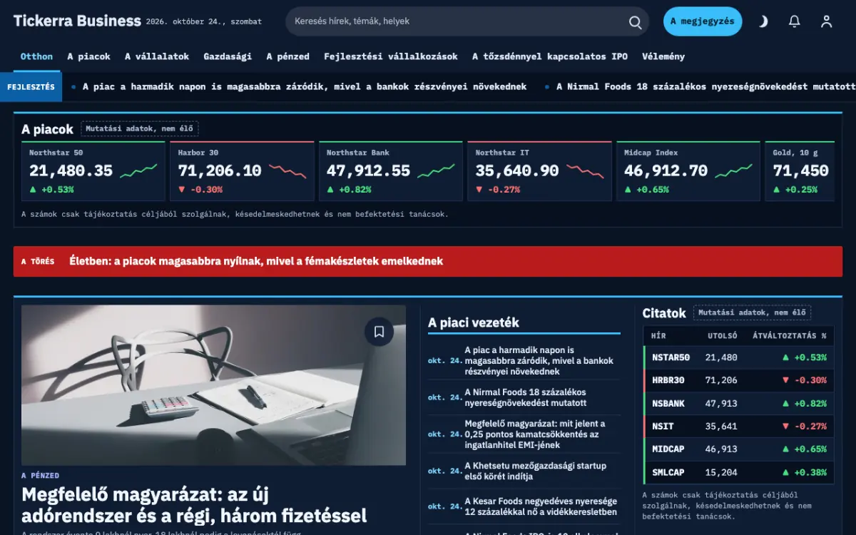 Tickerra — Üzlet: hírek weboldalsablon, asztali nézet