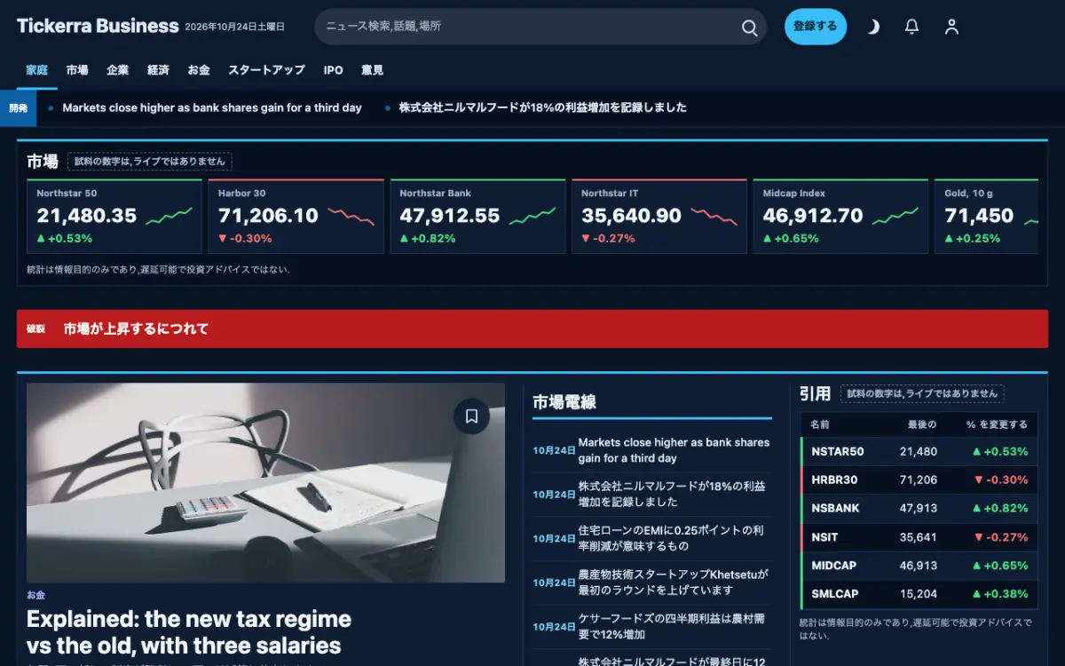 Tickerra — ビジネスニュースウェブサイトのテンプレート（デスクトップ表示）