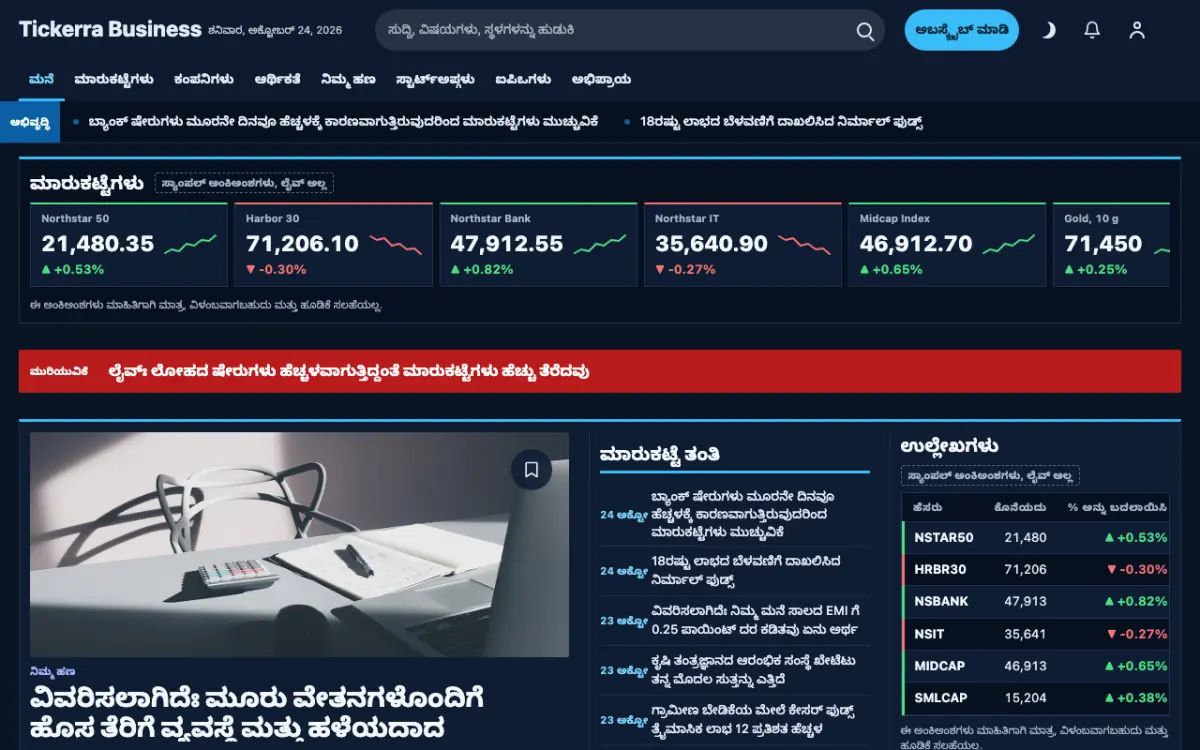 Tickerra — ವ್ಯಾಪಾರ ಸುದ್ದಿ ವೆಬ್ಸೈಟ್ ಟೆಂಪ್ಲೇಟ್, ಡೆಸ್ಕ್‌ಟಾಪ್ ನೋಟ