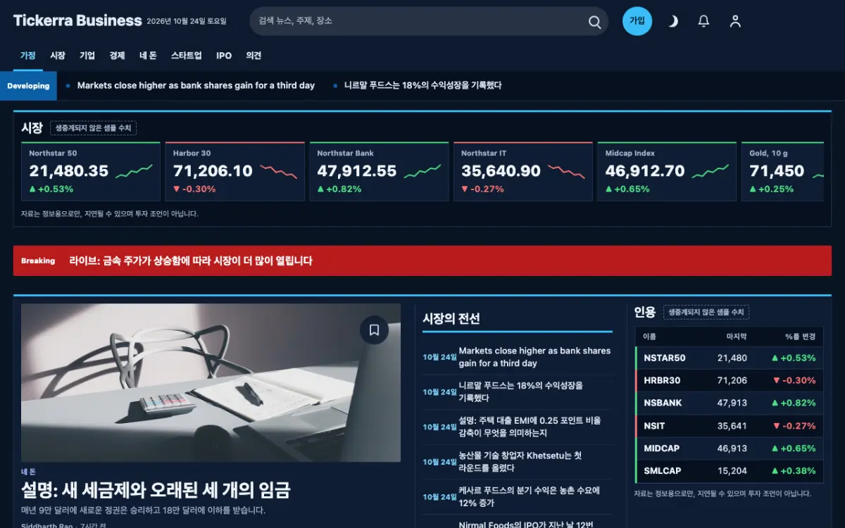 Tickerra — 비즈니스 뉴스 웹사이트 템플릿, 데스크톱 화면