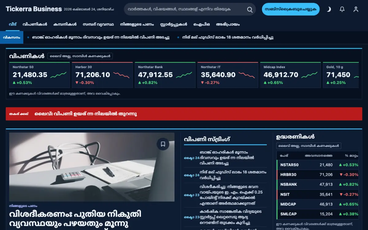 Tickerra — ബിസിനസ് വാർത്തകൾ വെബ്സൈറ്റ് ടെംപ്ലേറ്റ്, ഡെസ്ക്ടോപ്പ് കാഴ്ച