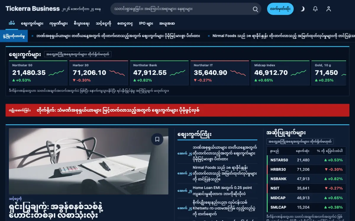 Tickerra — စီးပွားရေး သတင်း ဝက်ဘ်ဆိုက်ပုံစံ၊ ကွန်ပျူတာမြင်ကွင်း