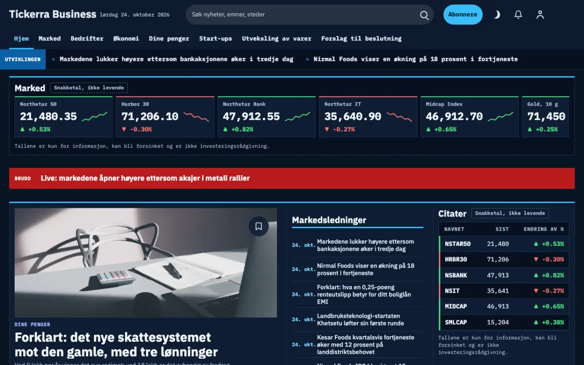 Tickerra – nettstedmal for Næringsliv News, skrivebordsvisning