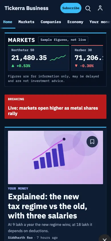Tickerra — Business News app, phone view