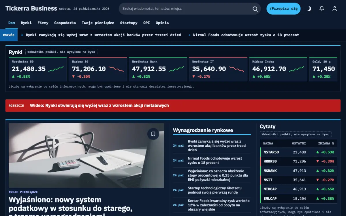 Tickerra – szablon strony (Biznes: wiadomości), widok na komputerze