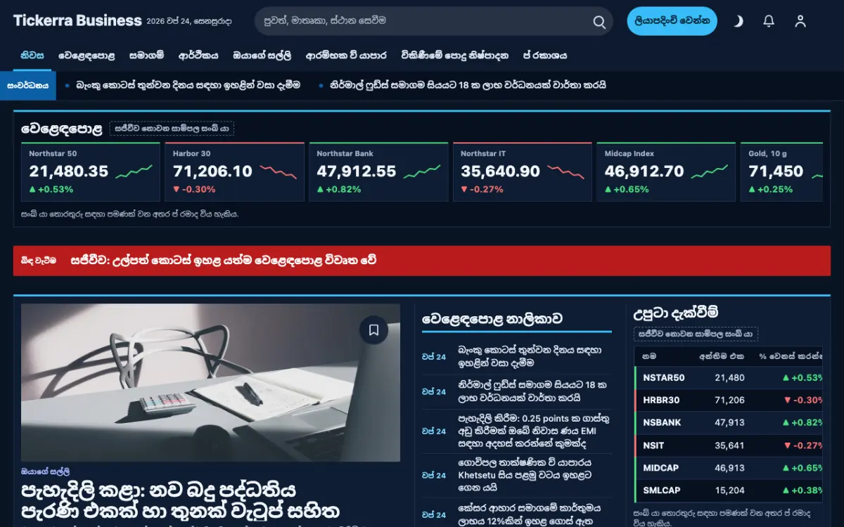 Tickerra — ව්‍යාපාර පුවත් වෙබ් අඩවි ටෙම්ප්ලේට් එක, ඩෙස්ක්ටොප් දසුන