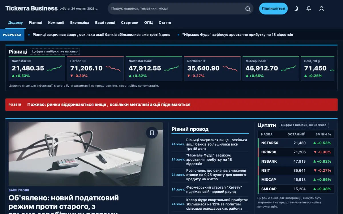 Tickerra — шаблон сайту в категорії «Бізнес: новини», вигляд на комп’ютері