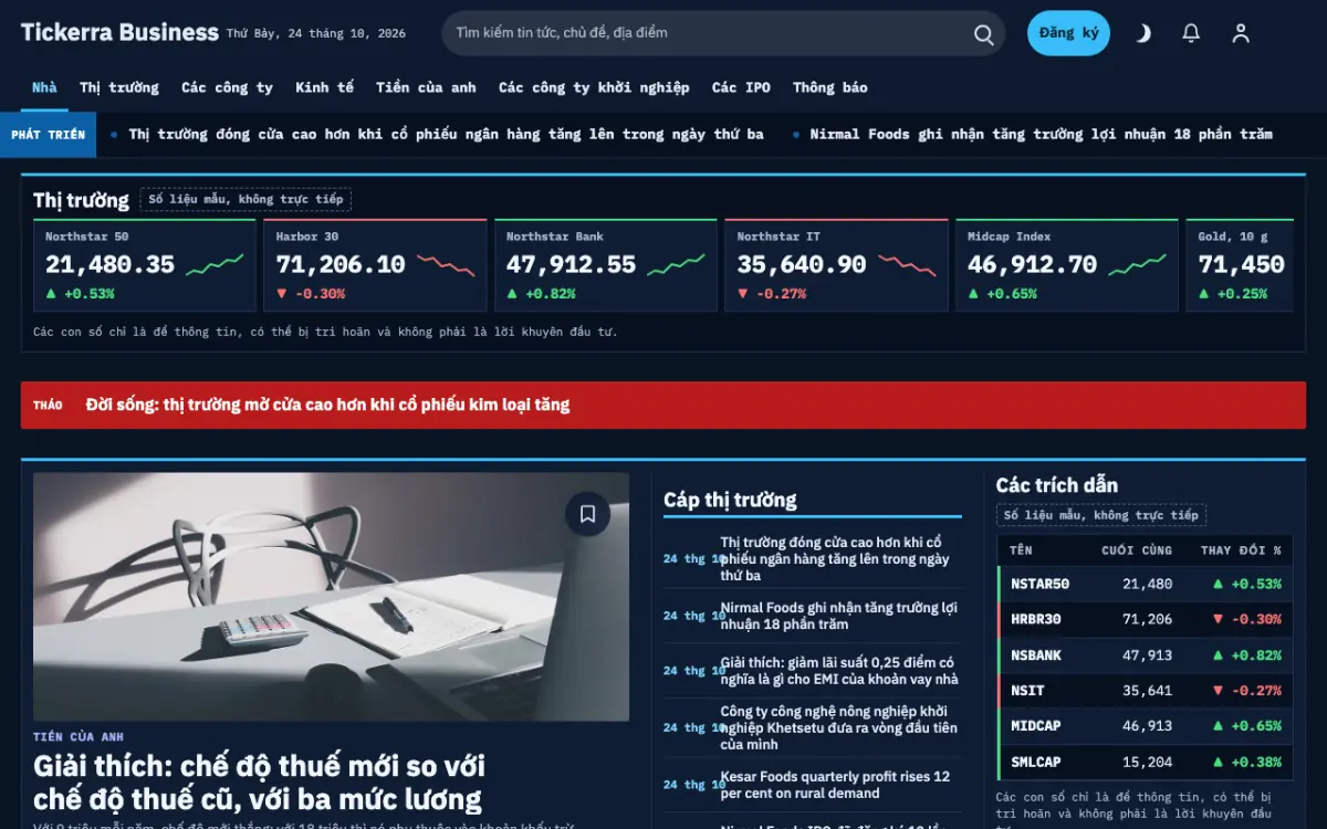 Tickerra — mẫu website Tin Kinh doanh, giao diện máy tính