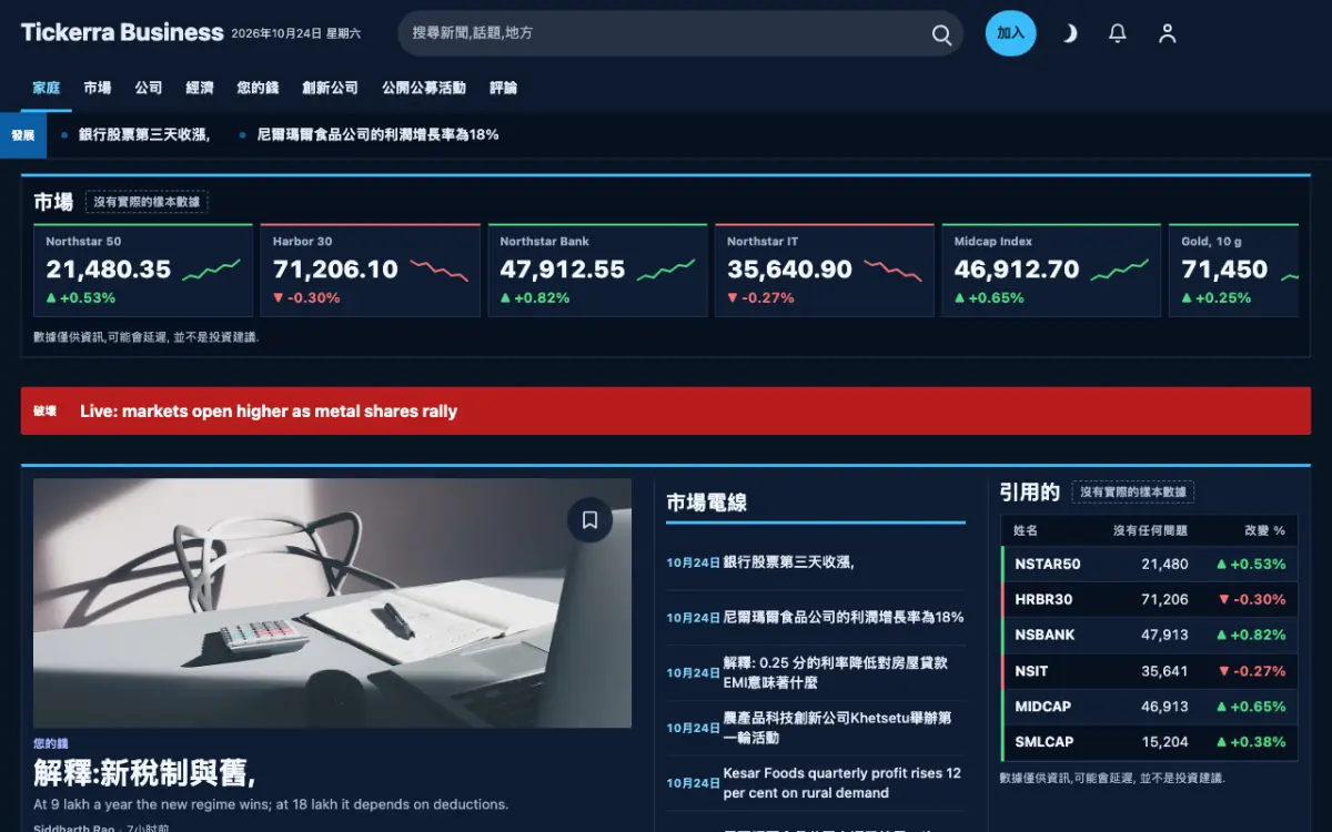 Tickerra — 商業新聞網站範本，桌面版預覽
