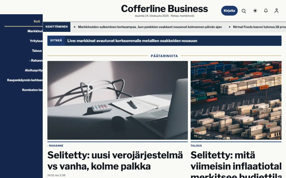Cofferline – verkkosivumalli (Talous News), työpöytänäkymä