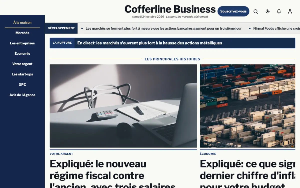 Cofferline — modèle de site web Actualités Économie, vue sur ordinateur