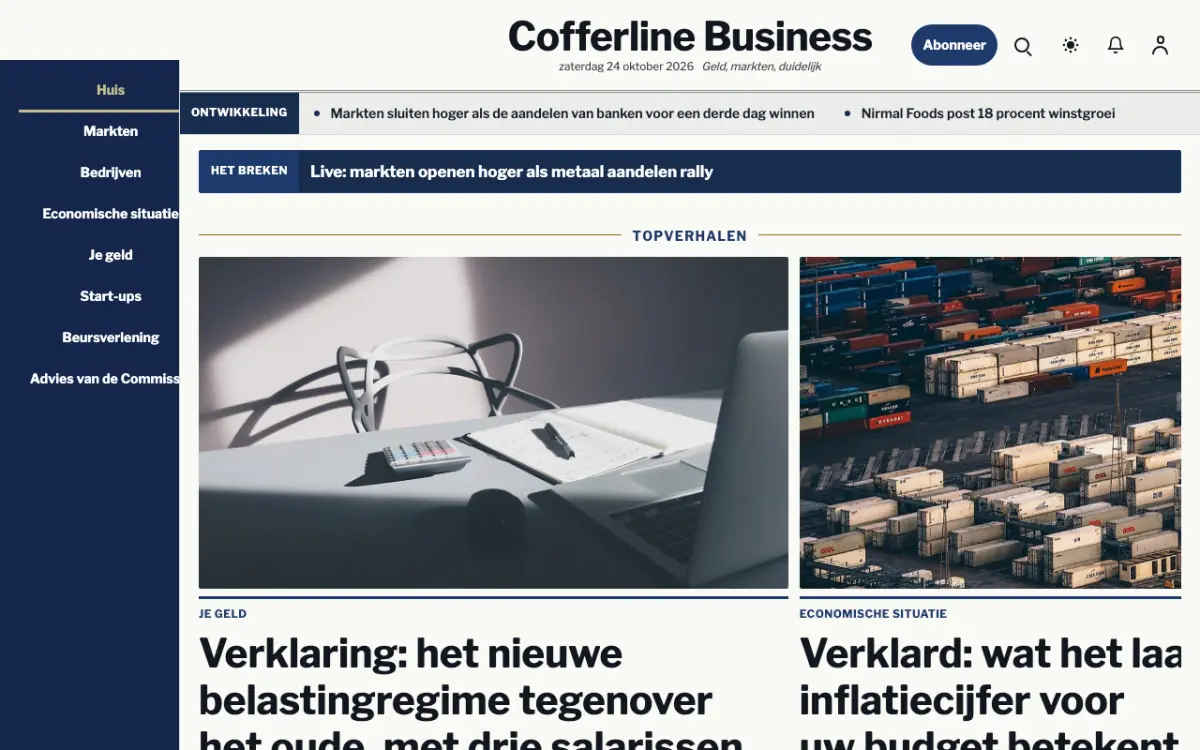 Cofferline – websitetemplate voor Economienieuws, desktopweergave