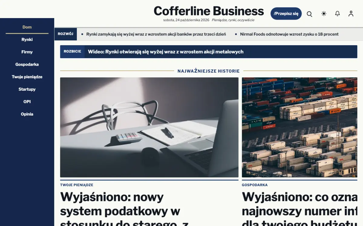 Cofferline – szablon strony (Biznes: wiadomości), widok na komputerze