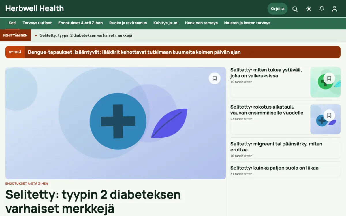Herbwell – verkkosivumalli (Terveys News), työpöytänäkymä