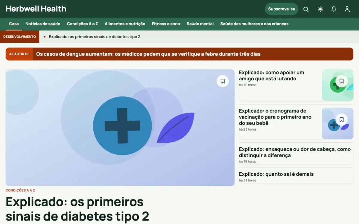 Herbwell — modelo de site de Notícias de Saúde, vista em computador