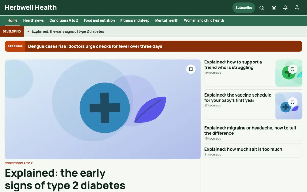 Herbwell — Health News website template, desktop view