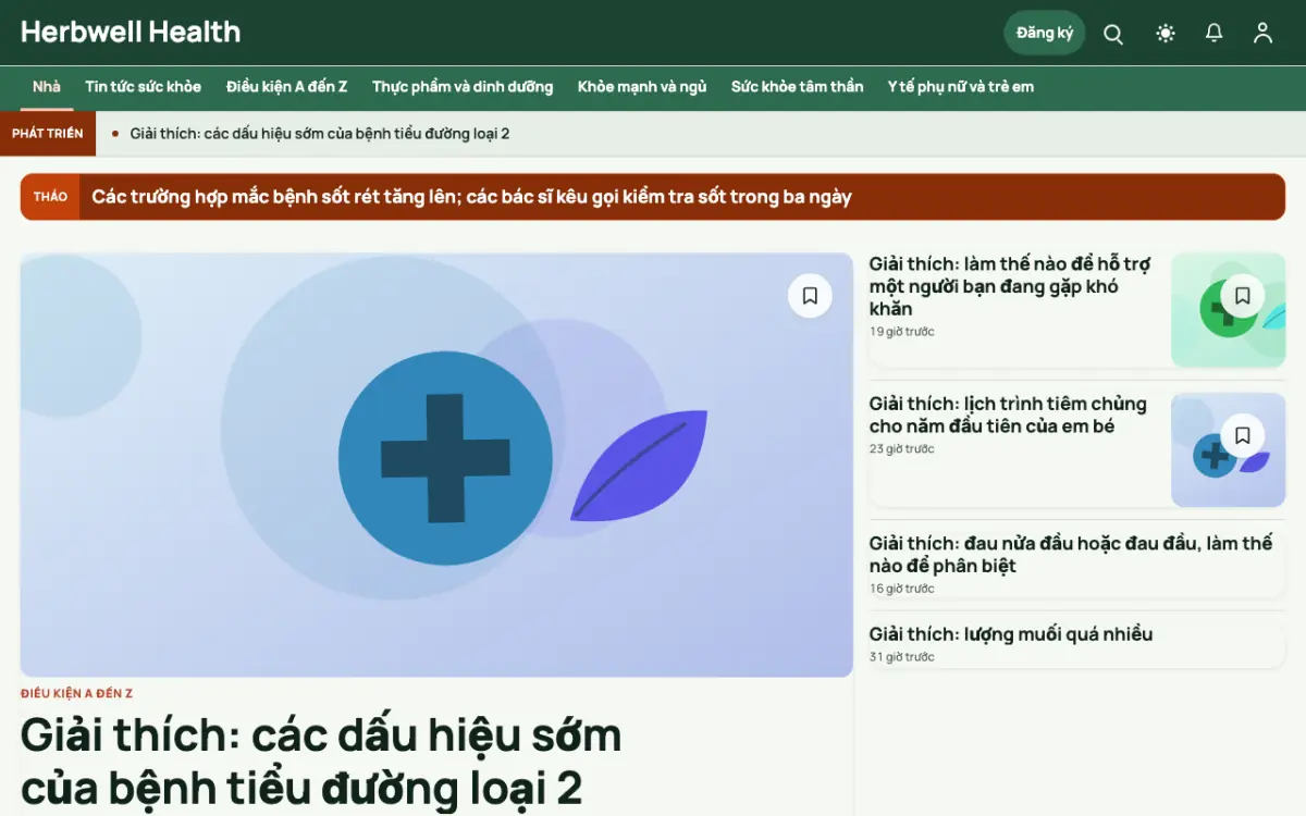 Herbwell — mẫu website Tin Sức khỏe, giao diện máy tính