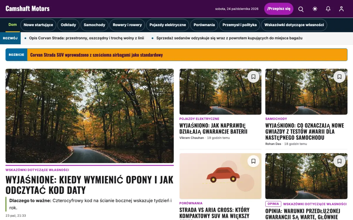 Camshaft – szablon strony (Motoryzacja: wiadomości), widok na komputerze
