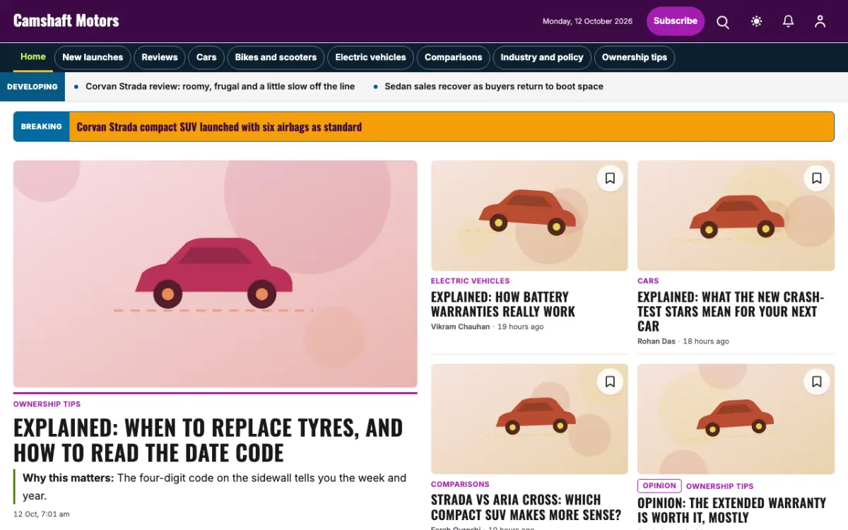 Camshaft — Automotive News website template, desktop view
