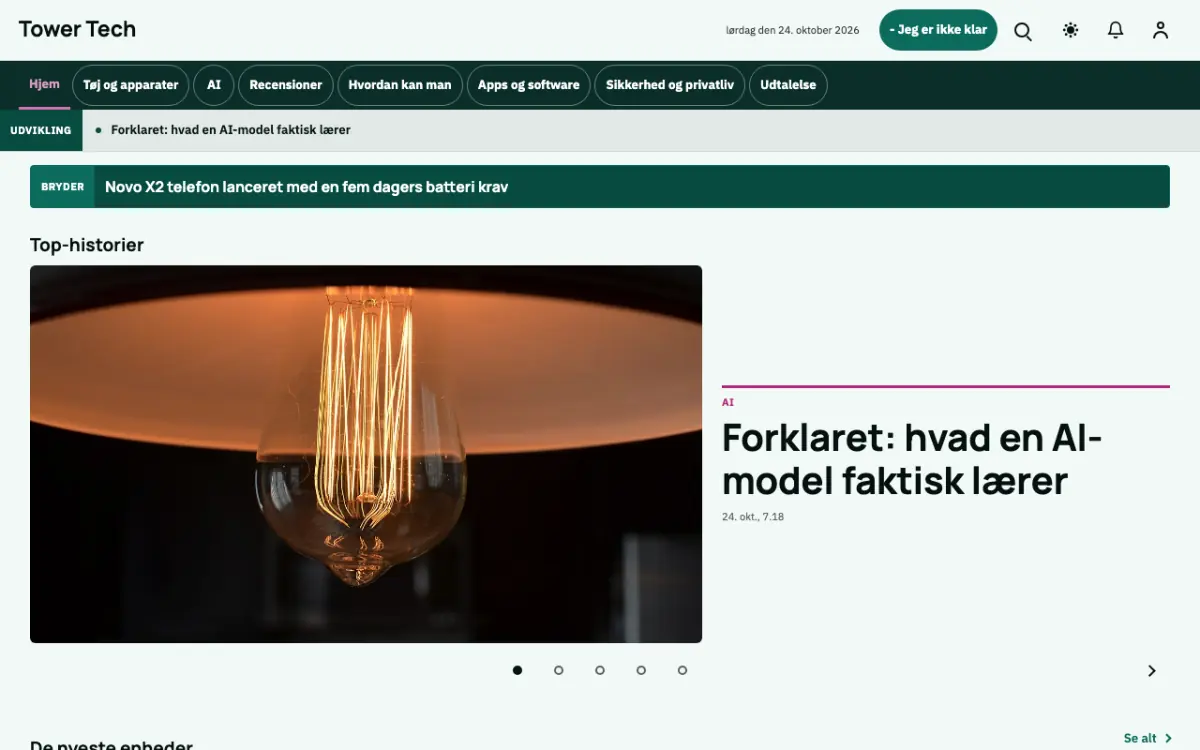 Tower – hjemmesideskabelon til Teknologi News, skrivebordsvisning