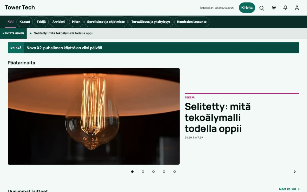 Tower – verkkosivumalli (Teknologia News), työpöytänäkymä