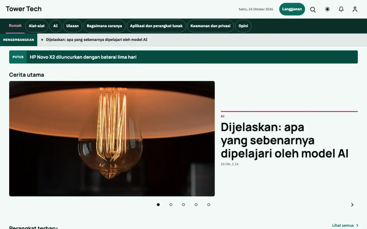 Tower — template situs Berita Teknologi, tampilan desktop