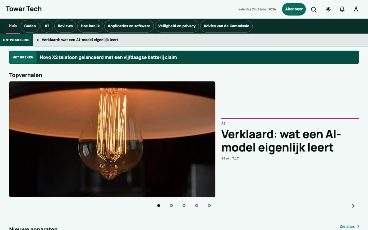 Tower – websitetemplate voor Technologienieuws, desktopweergave