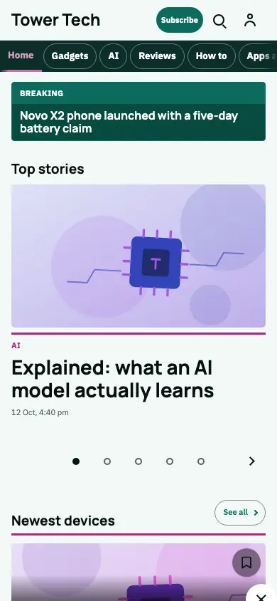 Tower — Technology News app, phone view