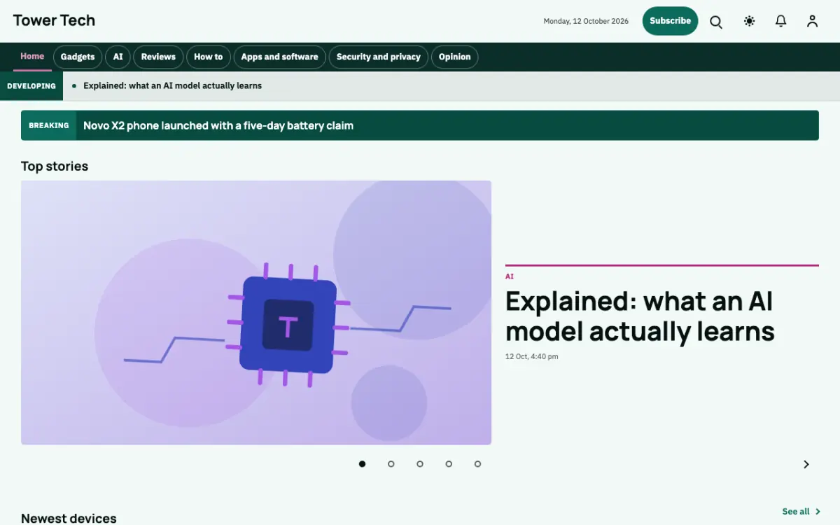 Tower — Technology News website template, desktop view