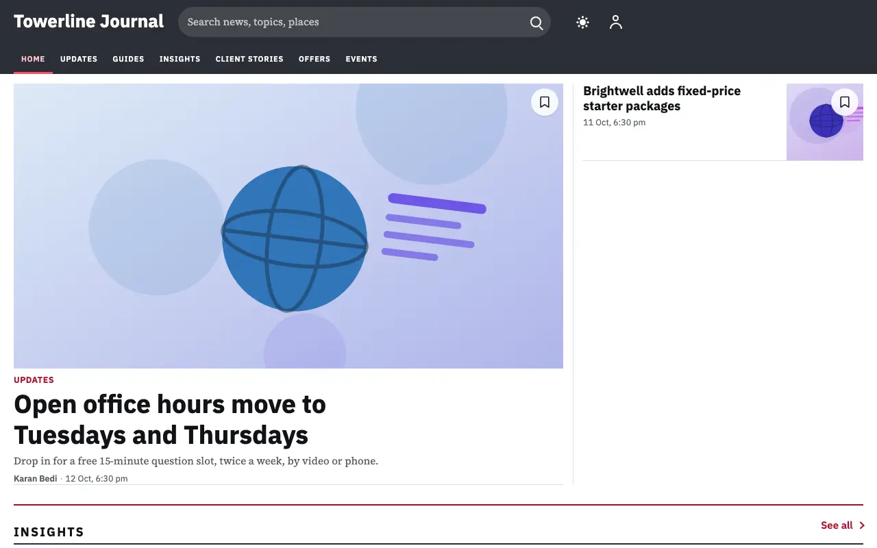 Towerline — Blog website template, full desktop view