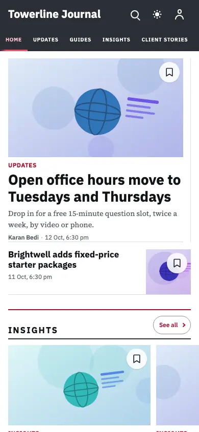Towerline — Blog app, phone view