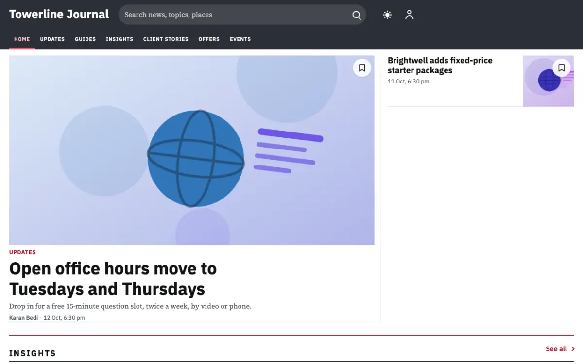 Towerline — Blog website template, desktop view