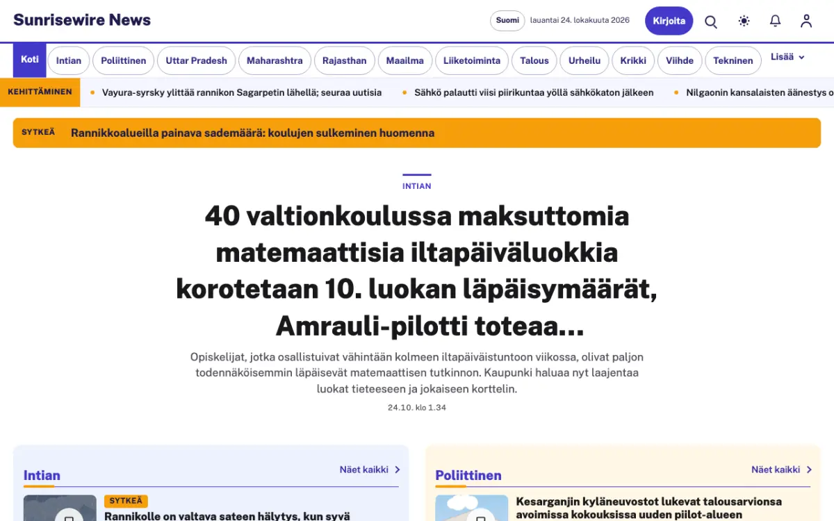 Sunrisewire – verkkosivumalli (Yleiset News), työpöytänäkymä
