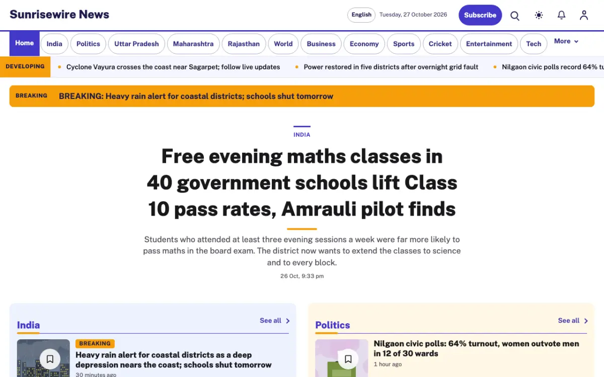 Sunrisewire — General News website template, desktop view