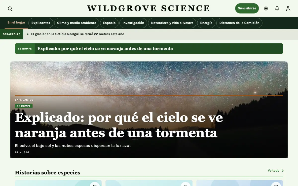Wildgrove — plantilla de sitio web de Noticias de Ciencia, vista de escritorio