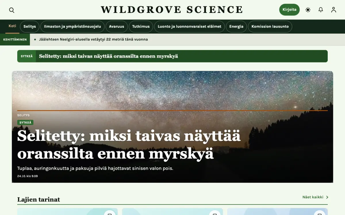 Wildgrove – verkkosivumalli (Tiede News), työpöytänäkymä