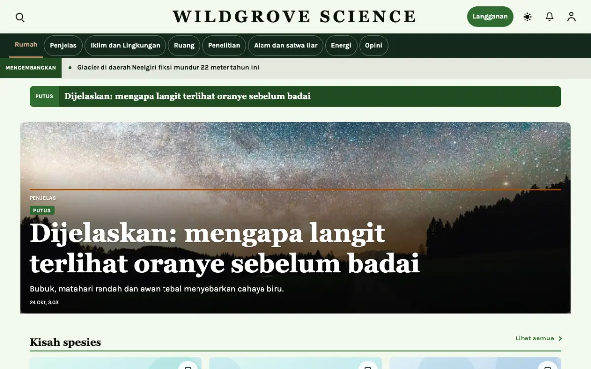 Wildgrove — template situs Berita Sains, tampilan desktop