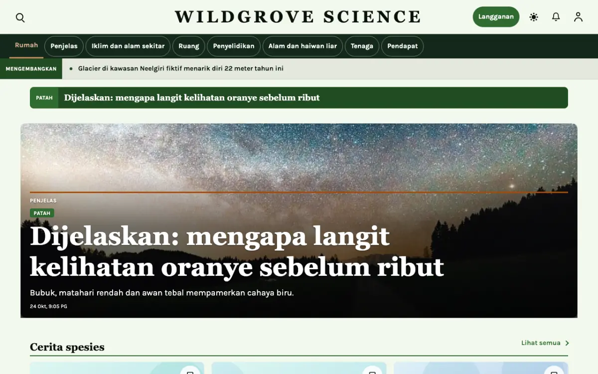 Wildgrove — templat laman web Berita Sains, paparan desktop